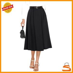 High Waisted Pleated Midi Skirt A-Line Business Casual Office Wear with Pockets